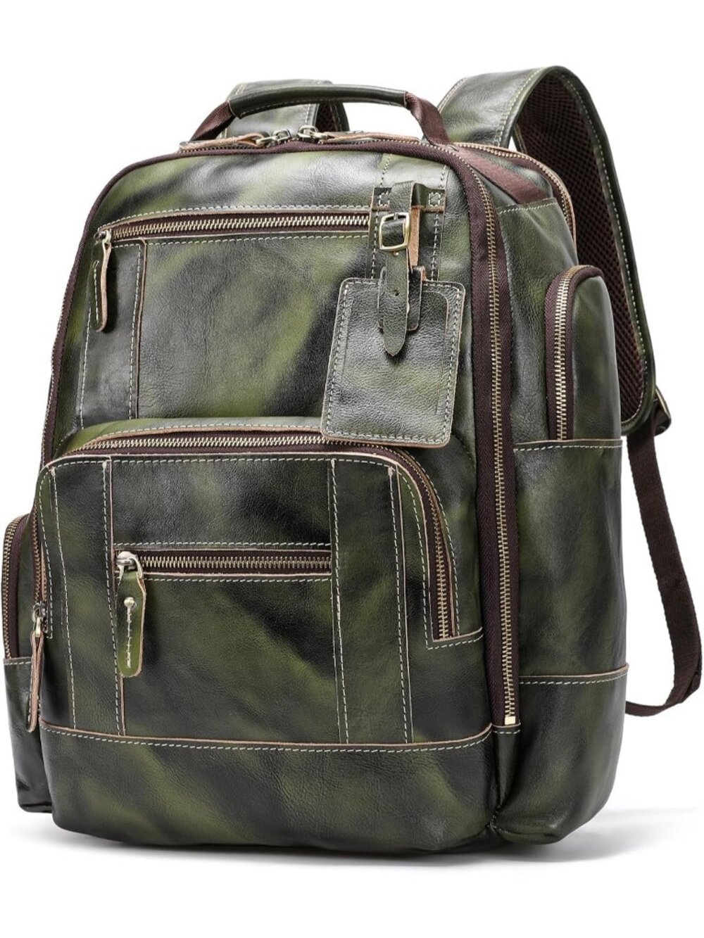 Men's Green Genuine Leather 15.6 Laptop Business Travel Rucksack 24l Backpack